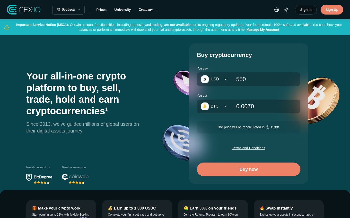CEX.IO homepage screenshot